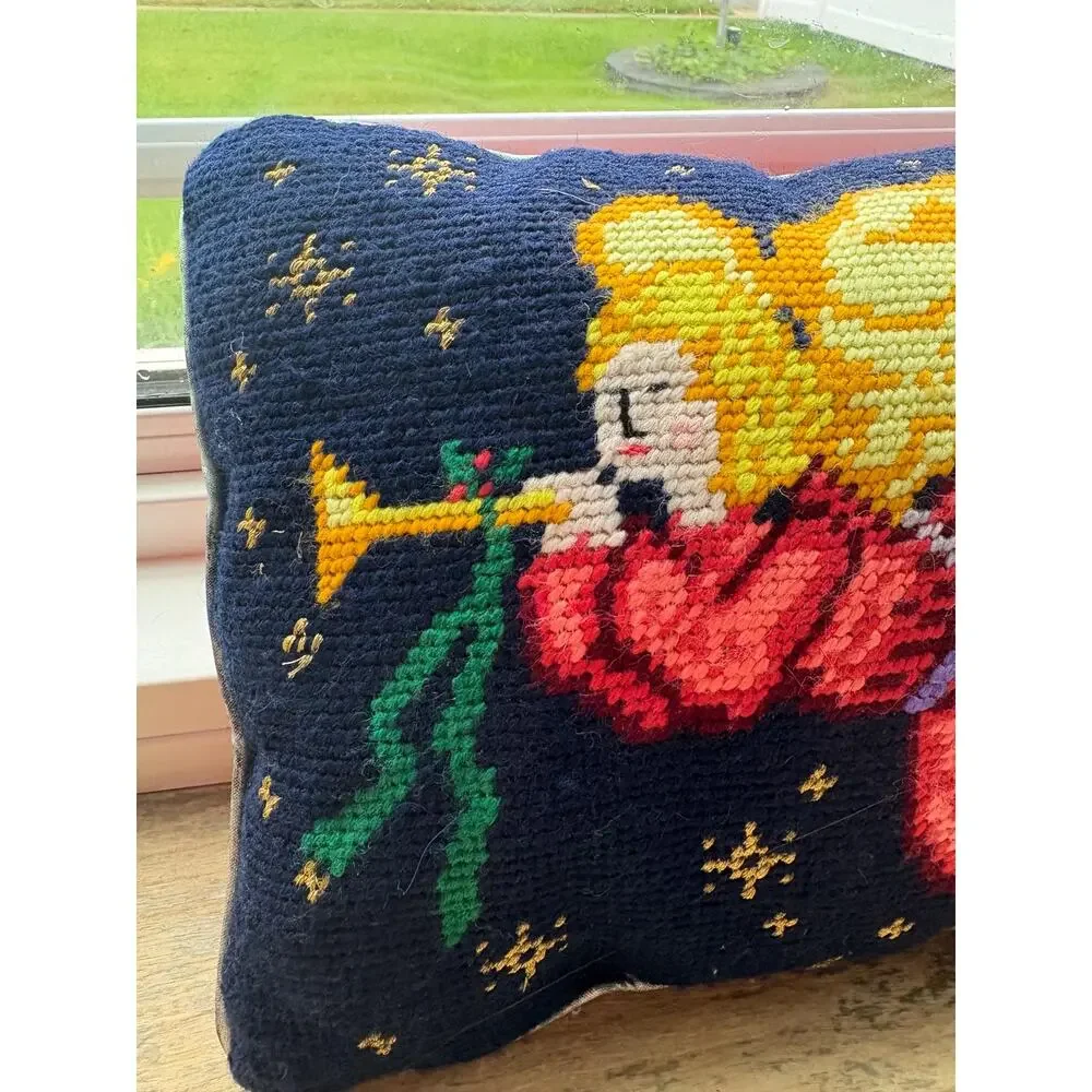 Vintage Needlepoint Christmas Pillow—Mid Century—Angel Holiday Decor